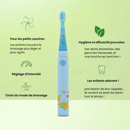 Brosse à dents électrique Nomad Kids bleue avec motif dinosaure. Mise en avant des fonctionnalités : brossage léger, efficacité prouvée, réglage d'intensité et choix du mode. Idéal pour inciter les enfants à l'hygiène dentaire.