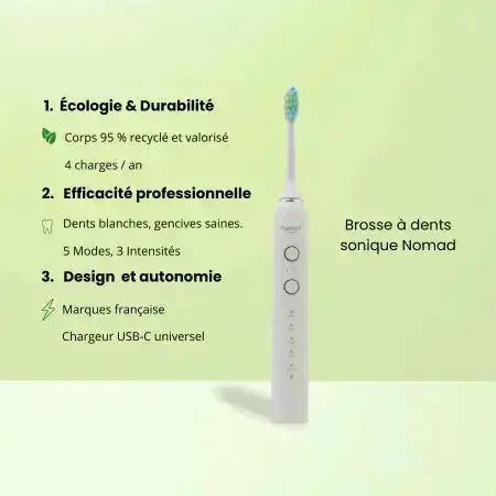 Brosse à dents électrique sonique Nomad pearly – design durable, 95 % recyclée, 5 modes de brossage, 3 intensités, autonomie longue durée, recharge USB-C, marque française écoresponsable.