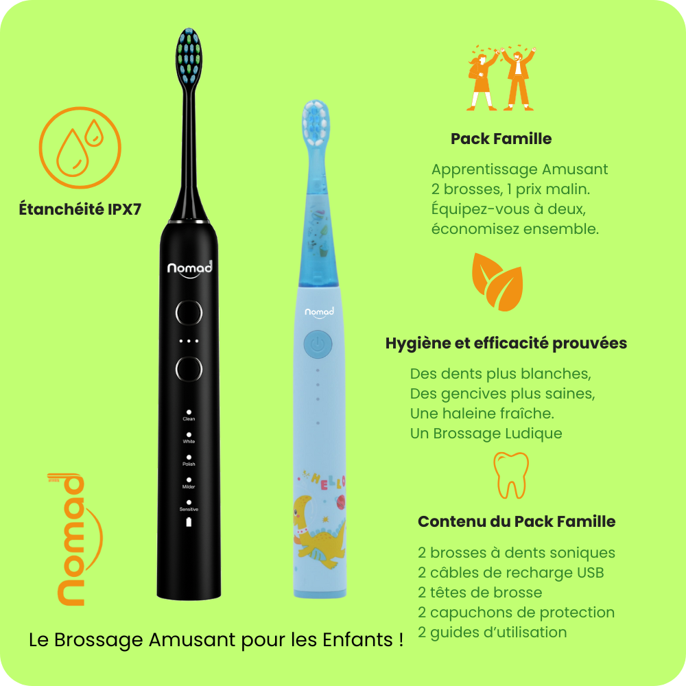 Nomad Oral Care Black-Bleu Pack Famille : brosse à dents sonique écologique et solutions d'hygiène buccale