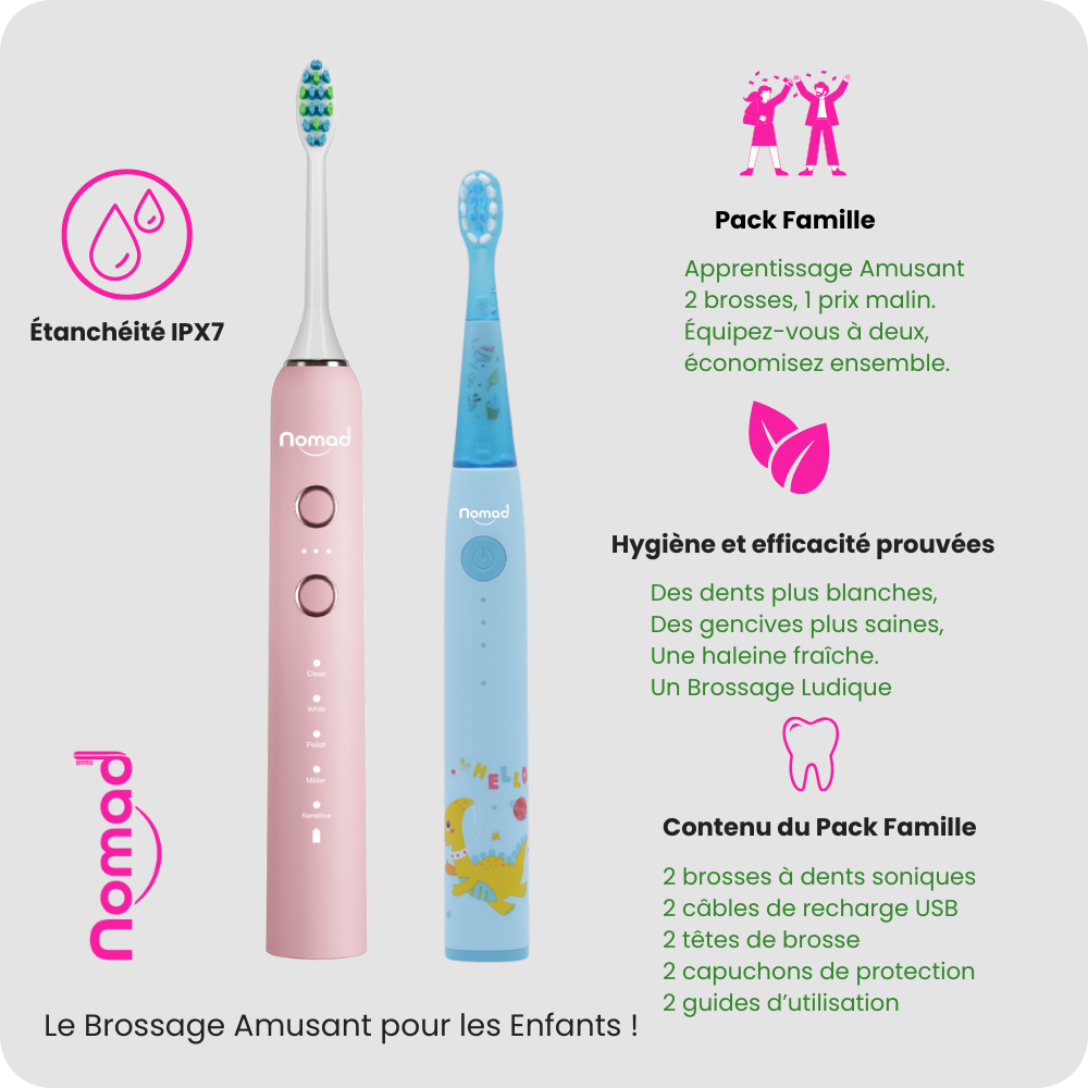 Pack Famille Nomad Oral Care Corail Bleu : kit dentaire sonique écologique design rose nacré