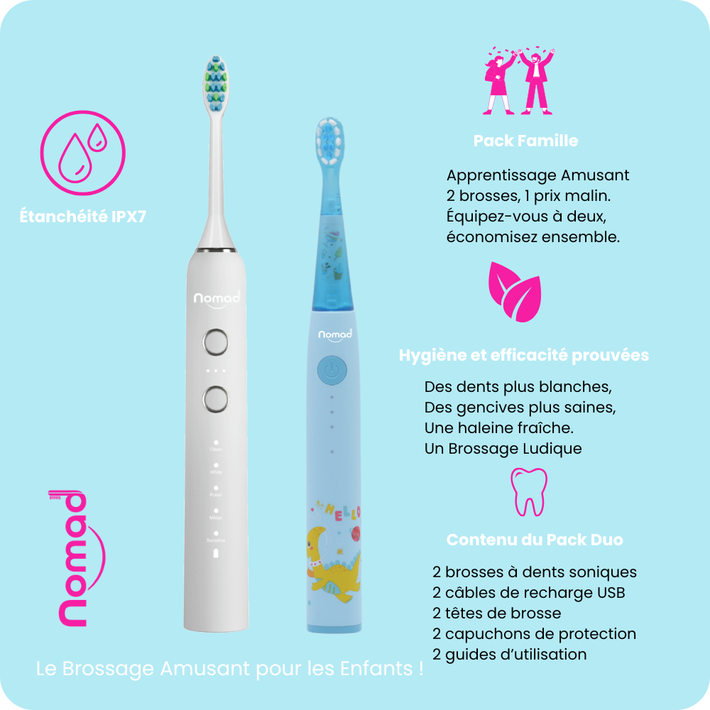 Nomad Oral Care Pearly Bleu Pack Famille : brosse à dents sonique écologique et solutions d'hygiène buccale