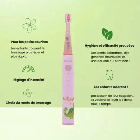 Brosse à dents électrique Nomad Kids rose avec motif dinosaure. Mise en avant des fonctionnalités : brossage léger, efficacité prouvée, réglage d'intensité et choix du mode. Idéal pour inciter les enfants à l'hygiène dentaire.