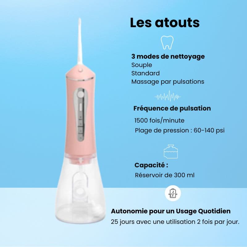 Jet dentaire en fonctionnement montrant le nettoyage en profondeur entre les dents.
