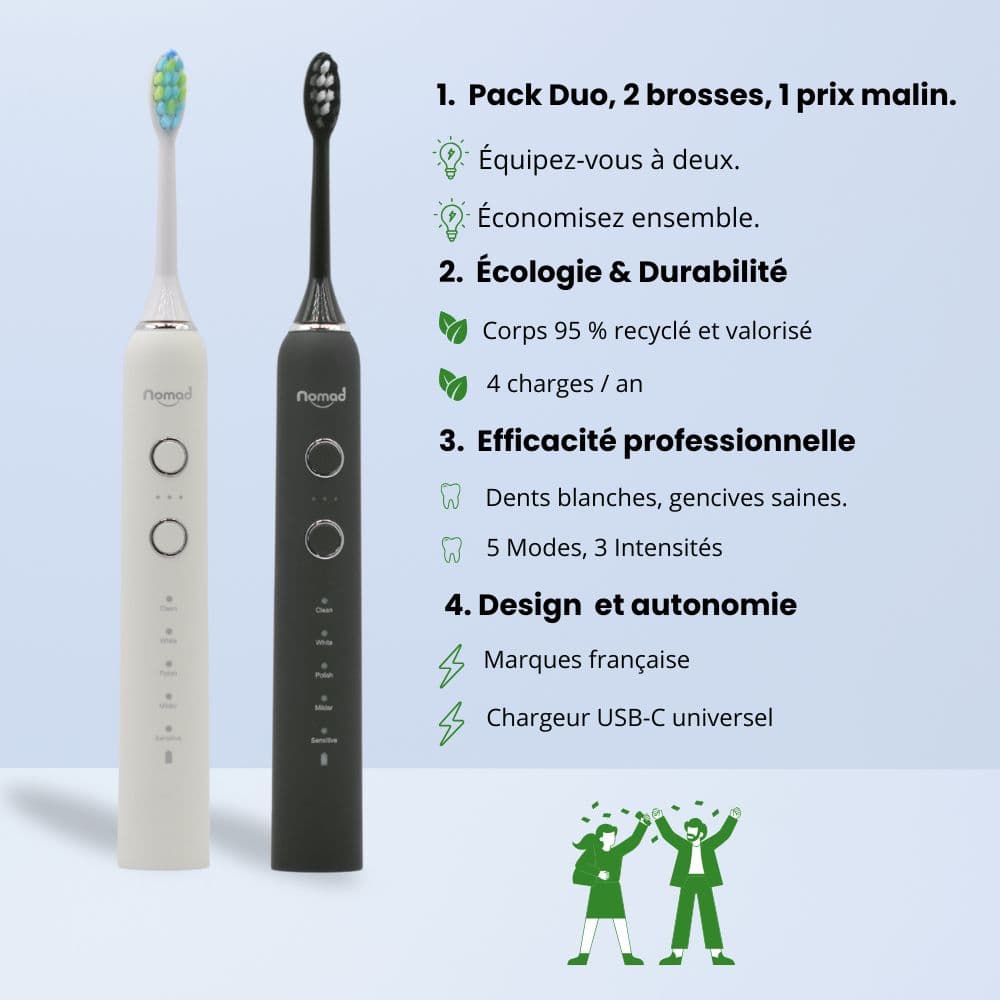 Pack Duo Nomad pearly et black – brosses à dents soniques écologiques, recharge USB-C, 5 modes, marque française.