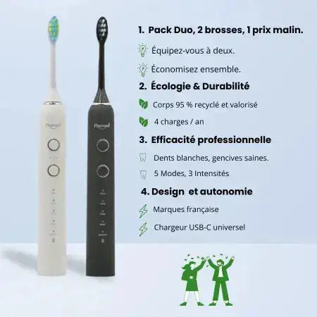 Pack Duo Nomad pearly et black – brosses à dents soniques écologiques, recharge USB-C, 5 modes, marque française.