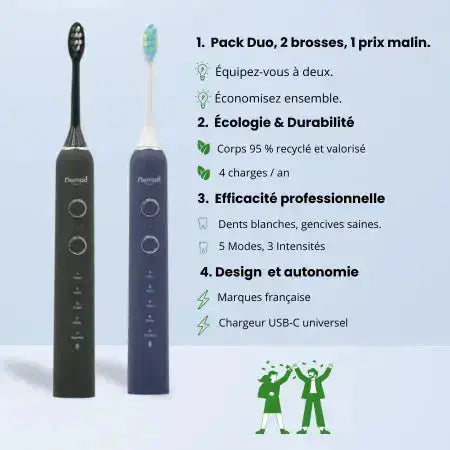 Pack Duo Nomad Black et Saphir – brosses à dents soniques écologiques, recharge USB-C, 5 modes, marque française.