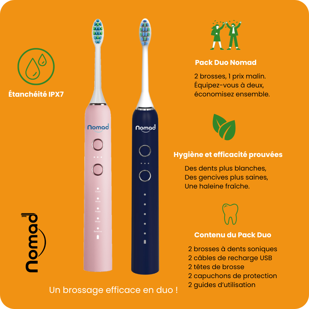 Pack duo brosses à dents soniques Nomad Corail et Saphir – design élégant et nettoyage haute performance