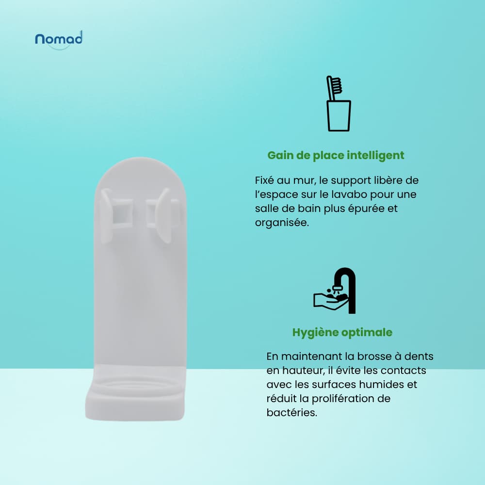 Support mural brosse à dents Nomad, couleur blanc. Présente deux avantages clés : gain de place salle de bain et hygiène optimale. Idéal pour une salle de bain épurée et pour réduire la prolifération de bactéries.