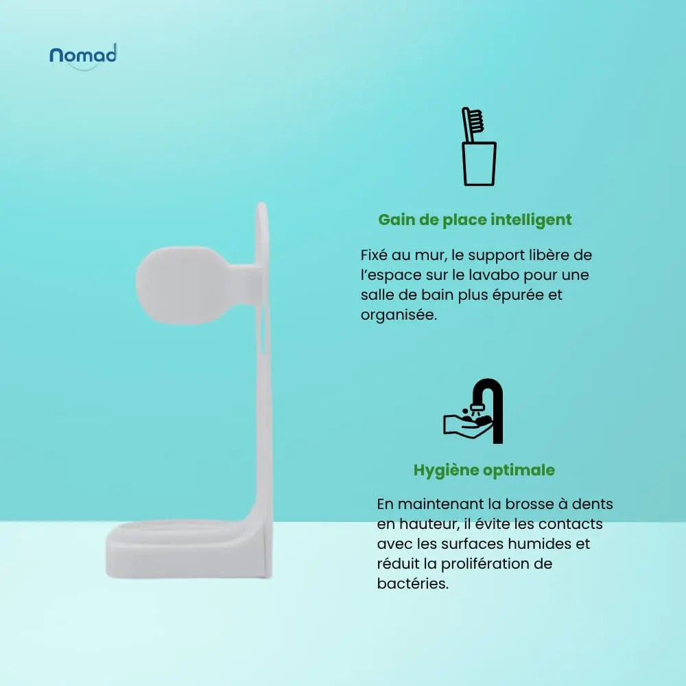 gain de place salle de bain (fixation murale) et hygiène optimale en maintenant la brosse à lents en hauteur pour réduire les bactéries.