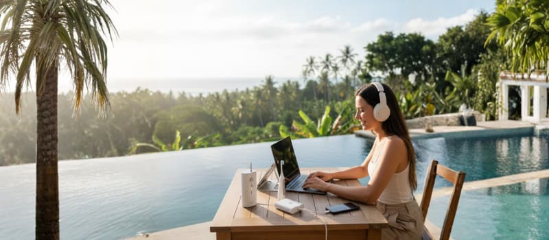 Travail à distance au bord d'une piscine avec accessoires high-tech et soins bucco-dentaires pour voyageurs.