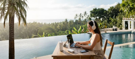Travail à distance au bord d'une piscine avec accessoires high-tech et soins bucco-dentaires pour voyageurs.