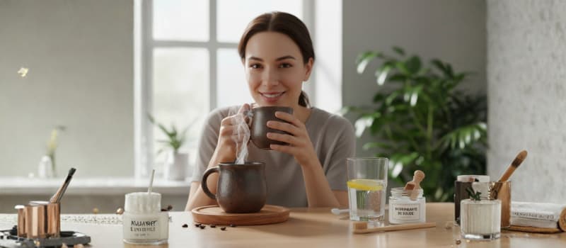 Femme souriante buvant un café avec du bicarbonate de soude et de l'eau pour un sourire éclatant.