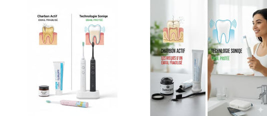 Infographie comparative montrant à gauche un pot de charbon actif et une dent avec un émail fissuré symbolisant les dangers de l'abrasion