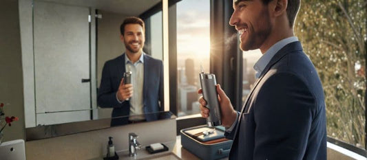 Homme d'affaires se préparant avec un hydropulseur portable Nomad Oral Care dans une suite d'hôtel avec vue sur la ville.