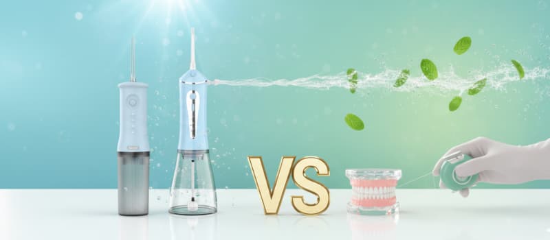 Comparatif visuel entre un jet dentaire Nomad Oral Care moderne et du fil dentaire classique