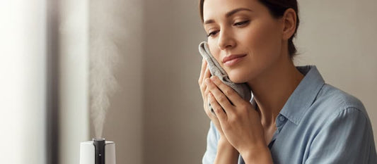 Une femme soulageant une rage de dents avec un linge, à côté d'un jet dentaire Nomad Oral Care et d'un verre d'eau glacée. Style minimaliste et moderne.