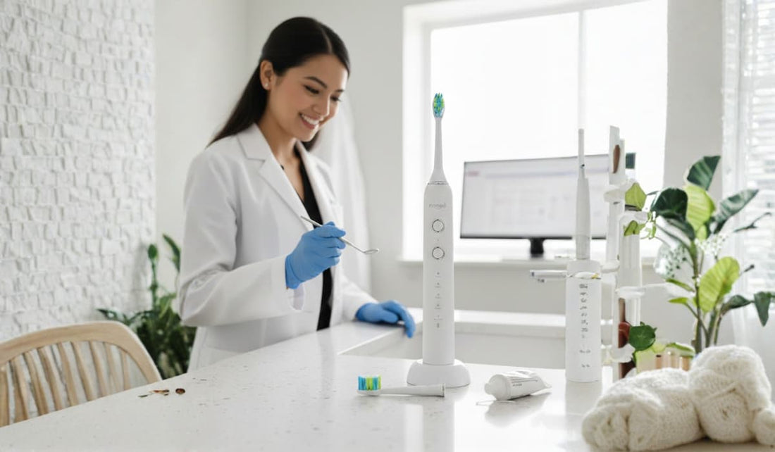 Une dentiste souriante en blouse blanche et gants bleus examine une brosse à dents sonique blanche de la marque Nomad
