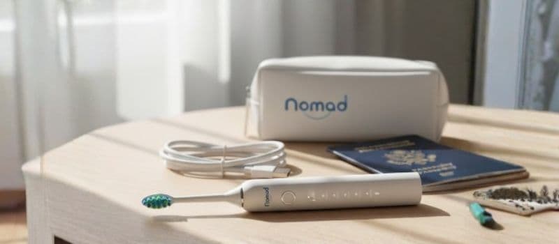 Brosse à dents électrique sonique blanche Nomad Oral Care posée sur une table en bois clair avec son câble de recharge USB-C, une trousse de toilette blanche et un passeport en arrière-plan. Style de vie minimaliste et voyage