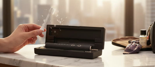 Brosse à dents électrique sonique noire Nomad Oral Care dans son étui de voyage premium sur un plan de travail en marbre, vue sur une ville au coucher du soleil.