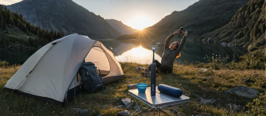 Une brosse à dents électrique Nomad bleue et son étui de voyage posés sur une petite table de camping au lever du soleil, avec une tente et un lac de montagne en arrière-plan.