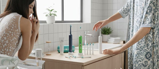 Une main d'adulte et une main d'enfant s'approchent de différentes brosses à dents électriques (bleue, verte avec motifs et blanche) disposées sur un meuble de salle de bain en bois.