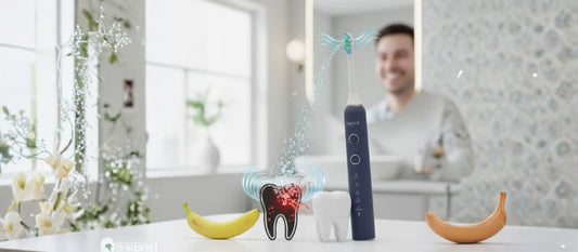 Brosse à dents électrique sonique bleue Nomad posée sur un plan de travail de salle de bain, illustrant la technologie de nettoyage contre la plaque dentaire et les caries avec des effets visuels de micro-bulles.