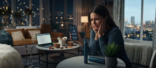 Femme souffrant d'une rage de dents tenant un smartphone affichant le numéro d'urgence 15, avec une brosse à dents électrique Nomad sur une table pour illustrer la prévention des urgences dentaires.