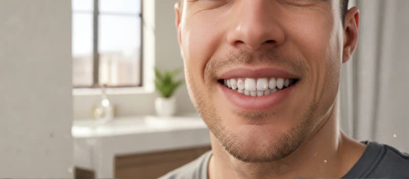 Portrait rapproché d'un homme souriant avec des marques d'opacité blanches sur l'émail dentaire.