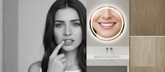 Comparaison entre une femme inquiète examinant une dent grise et un sourire éclatant dans un miroir de salle de bain.