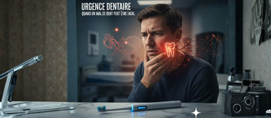 Homme souffrant d'une douleur dentaire avec une infographie montrant la propagation de l'infection vers le cœur, avec une brosse à dents sonique Nomad Oral Care au premier plan.