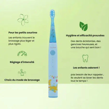 Brosse à dents électrique Nomad Kids bleue avec motif dinosaure. Mise en avant des fonctionnalités : brossage léger, efficacité prouvée, réglage d'intensité et choix du mode. Idéal pour inciter les enfants à l'hygiène dentaire.