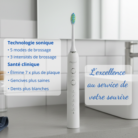 Brosse à dents électrique sonique Nomad pearly – design durable, 95 % recyclée, 5 modes de brossage, 3 intensités, autonomie longue durée, recharge USB-C, marque française écoresponsable.
