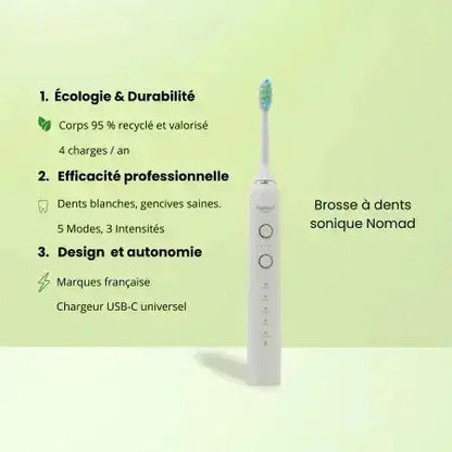 Brosse à dents électrique sonique Nomad pearly – design durable, 95 % recyclée, 5 modes de brossage, 3 intensités, autonomie longue durée, recharge USB-C, marque française écoresponsable.
