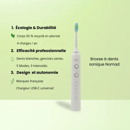 Brosse à dents électrique sonique Nomad pearly – design durable, 95 % recyclée, 5 modes de brossage, 3 intensités, autonomie longue durée, recharge USB-C, marque française écoresponsable.