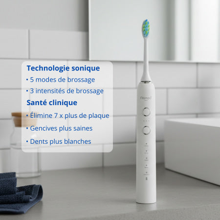 Brosse à dents électrique sonique Nomad pearly – design durable, 95 % recyclée, 5 modes de brossage, 3 intensités, autonomie longue durée, recharge USB-C, marque française écoresponsable.