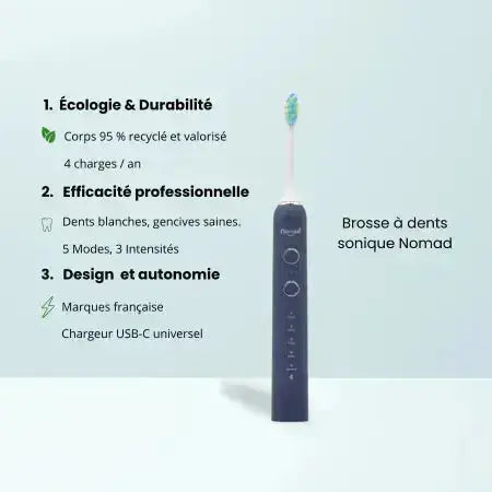 Brosse à dents électrique sonique Nomad saphir– design durable, 95 % recyclée, 5 modes de brossage, 3 intensités, autonomie longue durée, recharge USB-C, marque française écoresponsable.