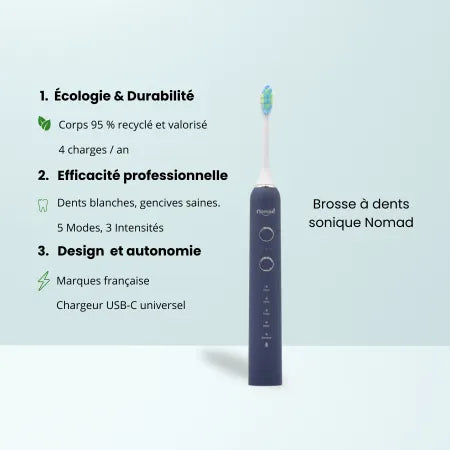 Brosse à dents électrique sonique Nomad saphir– design durable, 95 % recyclée, 5 modes de brossage, 3 intensités, autonomie longue durée, recharge USB-C, marque française écoresponsable.