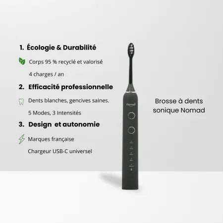 Brosse à dents électrique sonique Nomad Black – design durable, 95 % recyclée, 5 modes de brossage, 3 intensités, autonomie longue durée, recharge USB-C, marque française écoresponsable.