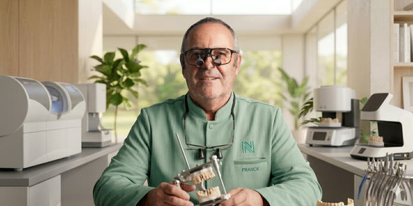 Photographie portrait du fondateur de Nomad, un homme mûr avec des lunettes et une barbe légère, portant un t-shirt Adidas noir à bandes blanches.