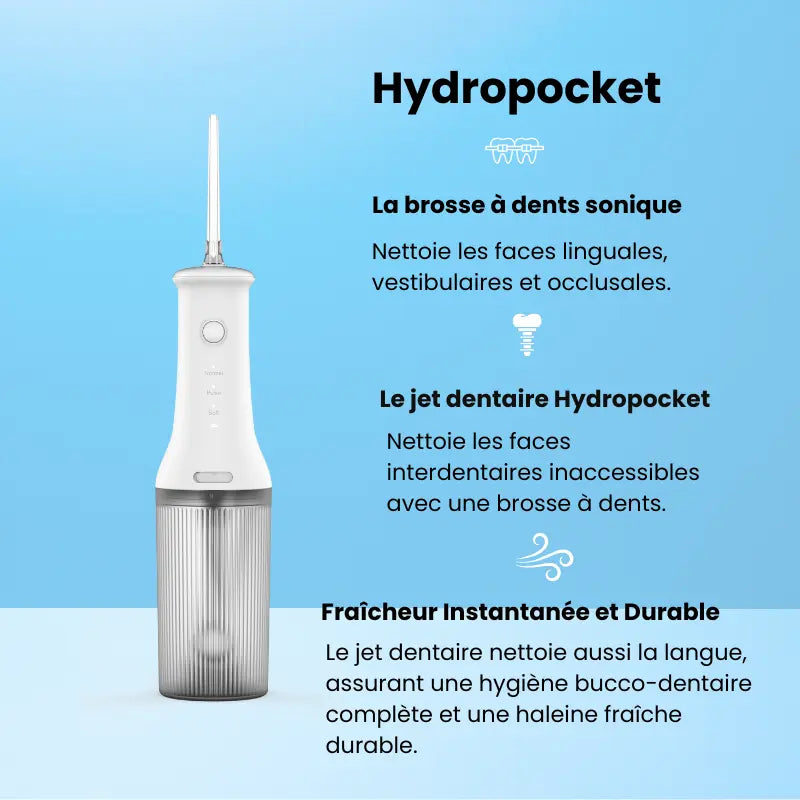 Jet dentaire de voyage Nomad Hydro-Pocket | Hydropulseur sans fil rechargeable USB-C.