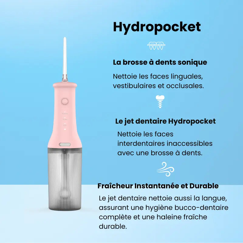 Jet dentaire Hydro-Pocket sans fil avec modes de pression ajustables pour nettoyage interdentaire.