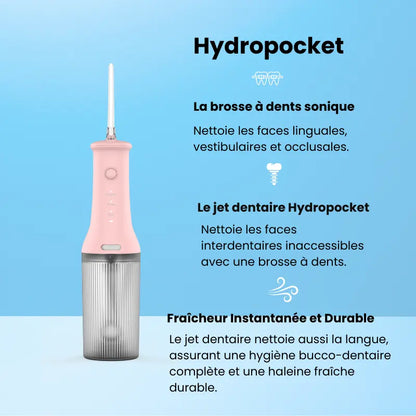 Jet dentaire Hydro-Pocket sans fil avec modes de pression ajustables pour nettoyage interdentaire.