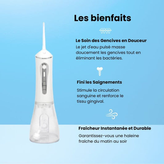 Jet dentaire en fonctionnement montrant le nettoyage en profondeur entre les dents.