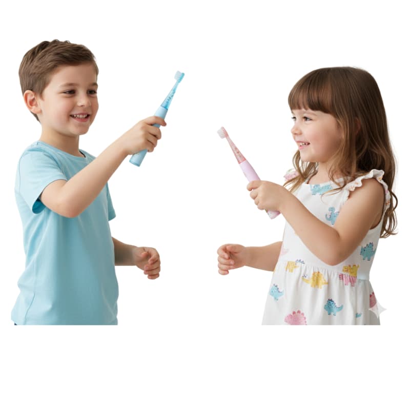 Brosse à dents électrique Nomad Kids rose avec motif dinosaure. Mise en avant des fonctionnalités : brossage léger, efficacité prouvée, réglage d'intensité et choix du mode. Idéal pour inciter les enfants à l'hygiène dentaire.