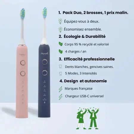 Pack Duo Nomad corail et Saphir – brosses à dents soniques écologiques, recharge USB-C, 5 modes, marque française.