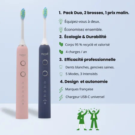 Pack Duo Nomad corail et Saphir – brosses à dents soniques écologiques, recharge USB-C, 5 modes, marque française.