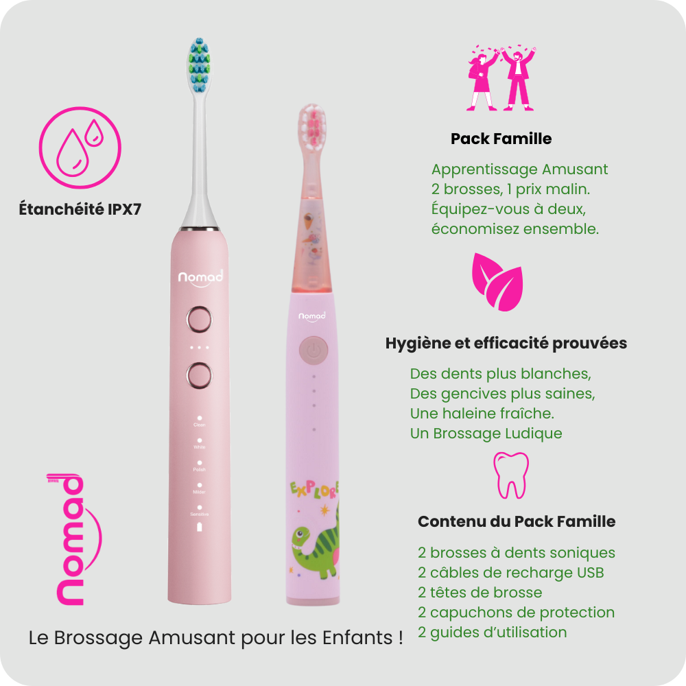 Pack Famille Nomad Oral Care Corail Rose : kit dentaire sonique écologique design rose nacré