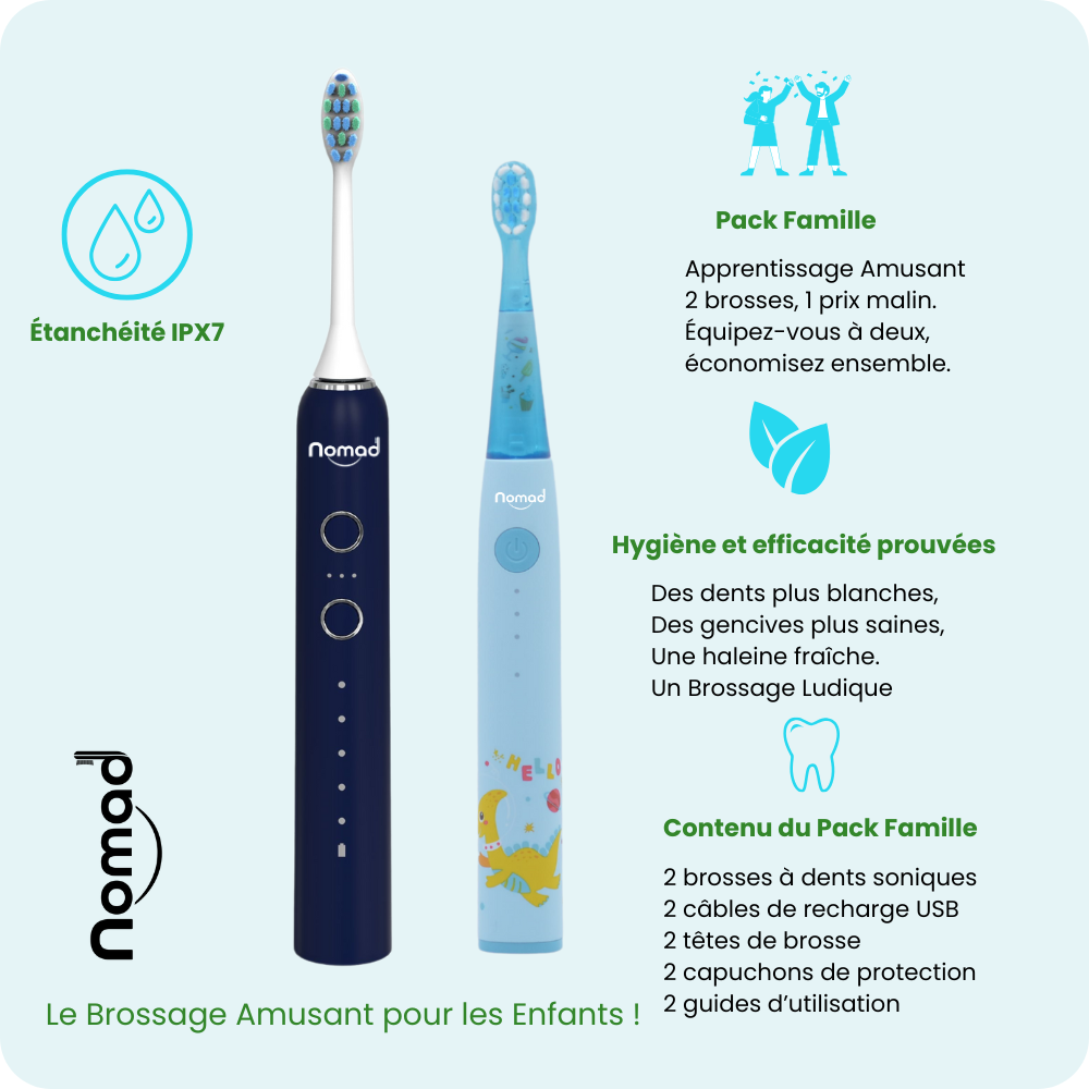 Pack Famille Nomad Oral Care Saphir bleu : kit hygiène bucco-dentaire avec brosse à dents sonique écologique pour dents saines