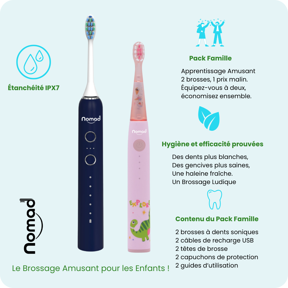 Pack Famille Nomad Oral Care Saphir Rose : kit hygiène bucco-dentaire avec brosse à dents sonique écologique pour dents saines