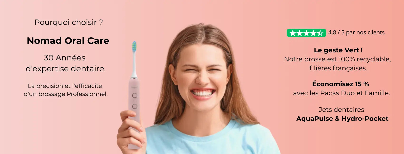 Jet dentaire Nomad AquaPulse et Hydro-Pocket en action | Complétez votre brosse à dents sonique avec l'hygiène hydro-sonique et portable.